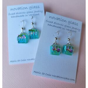 Two Pair Fused Dichroic Glass Dangle Earrings with Sterling Hooks Handmade